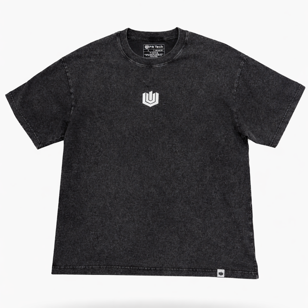 Black t-shirt with a logo on a white background